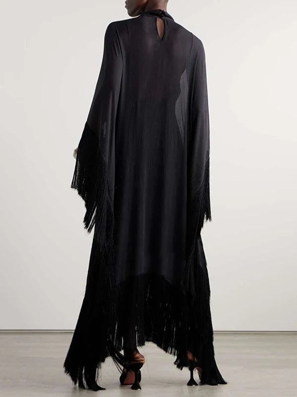 See-Through Tassel Party Dresse Batwing Sleeves Solid Color High-Neck Two Piece Set Dress
