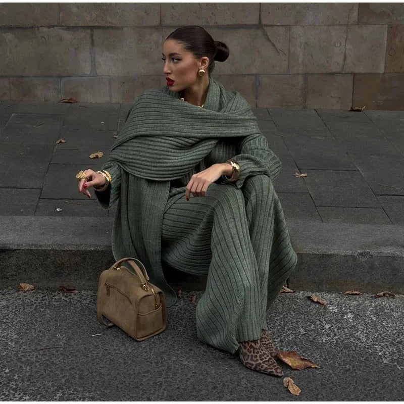 Knitted Pants Suit for Women – Scarf Collar Long Sleeve Sweater and Wide Leg Pants Two-Piece Set