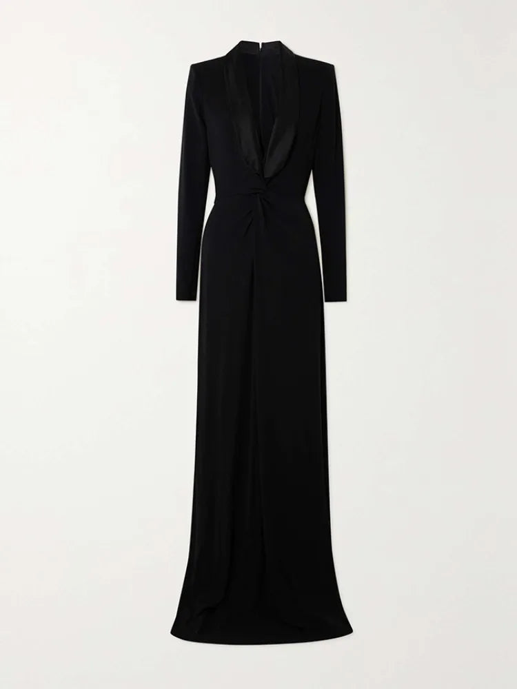 Solid Black Deep V-Neck Maxi Dress – Long Sleeve, High Waist, Slim Fit