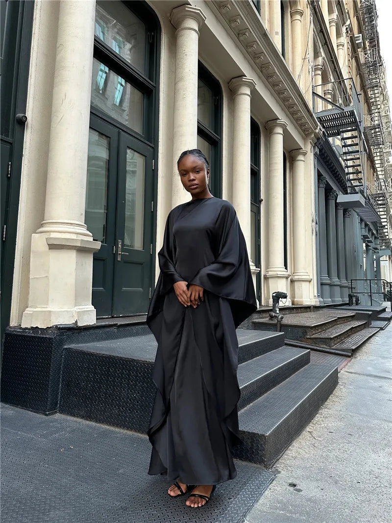 Elegant Satin Long Sleeve Maxi Dress for Women – Slim Round Neck