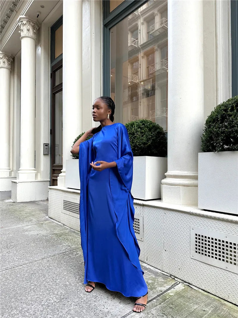 Elegant Satin Long Sleeve Maxi Dress for Women – Slim Round Neck