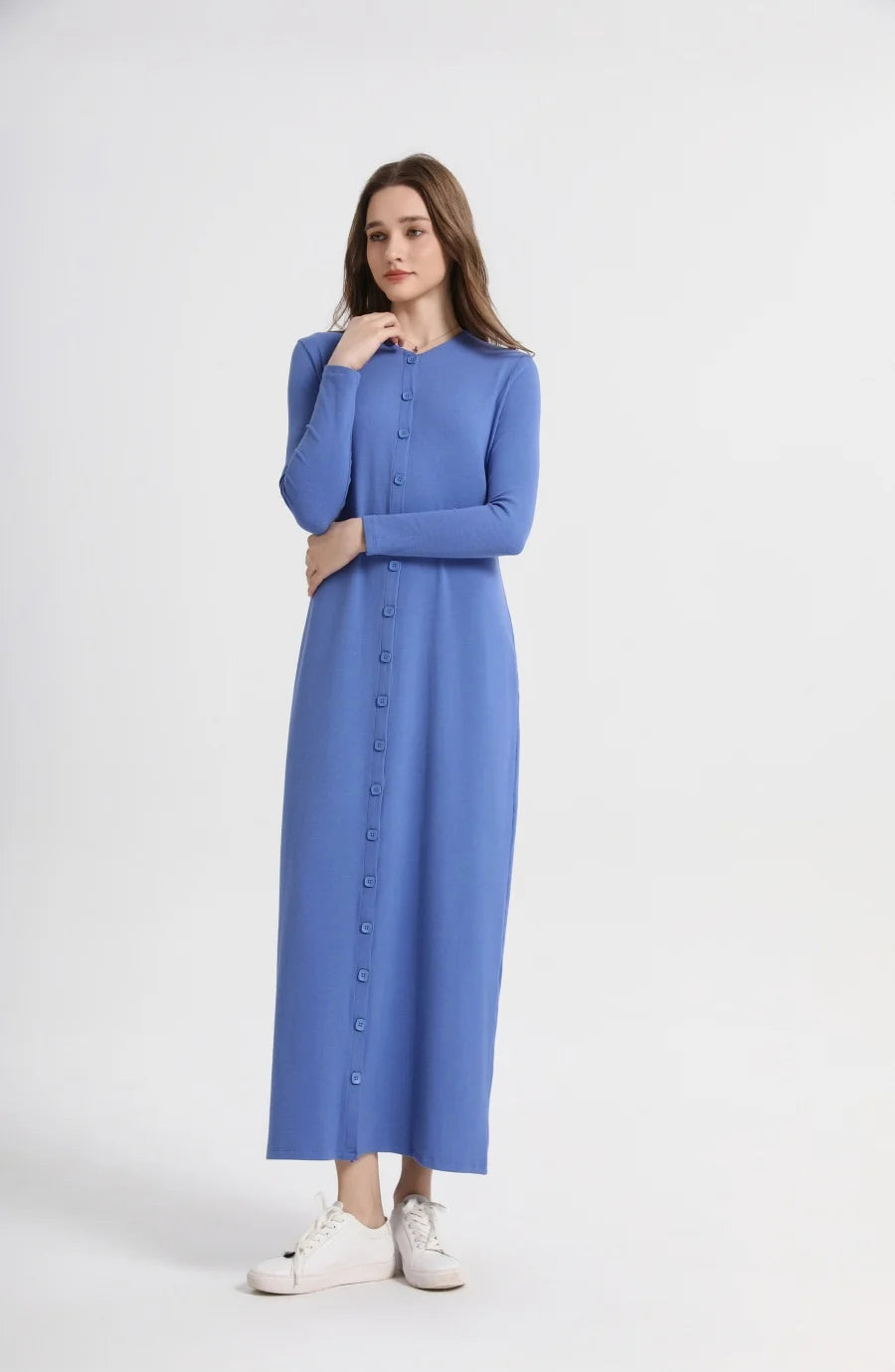 Ribbed V-Neck Button Maxi Dress