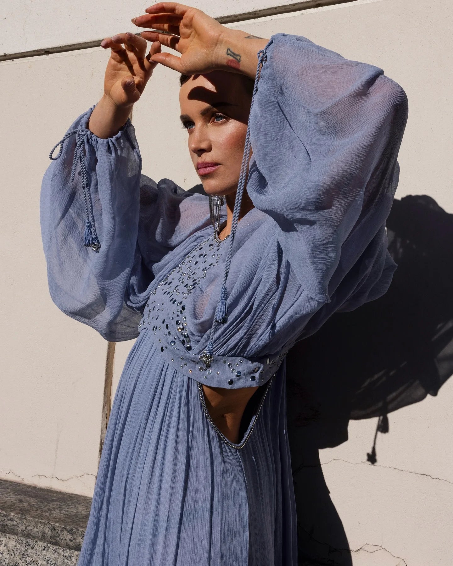 Pleated Puff Sleeve Maxi Dress – V-Neck, A-Line Silhouette