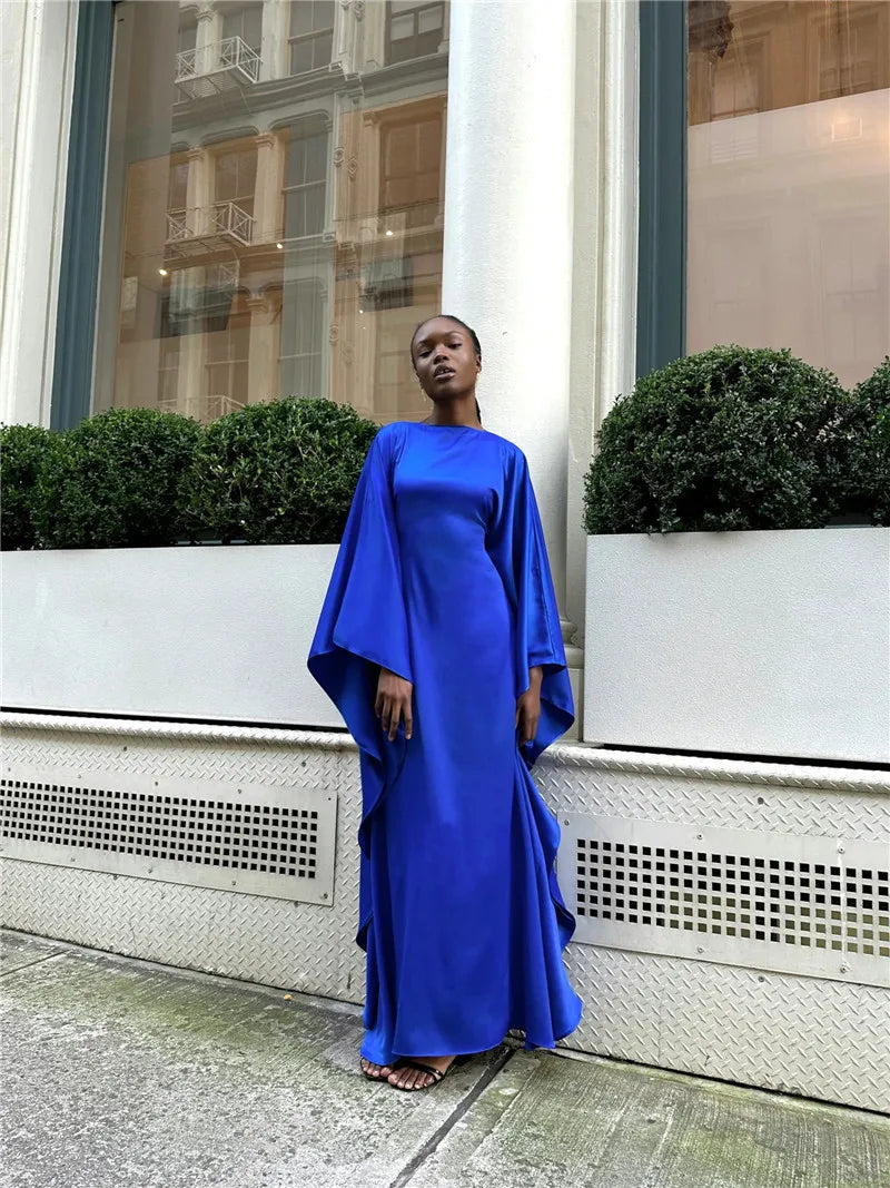 Elegant Satin Long Sleeve Maxi Dress for Women – Slim Round Neck
