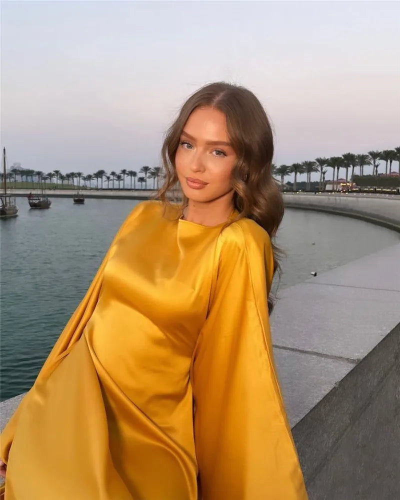 Elegant Satin Long Sleeve Maxi Dress for Women – Slim Round Neck