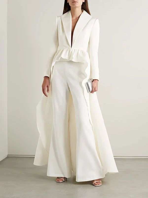 Extra-long Pleated Blazer Coat & High Waist Straight Pants Set – Two-Piece Outfit
