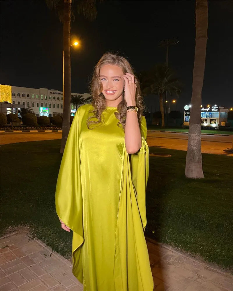 Elegant Satin Long Sleeve Maxi Dress for Women – Slim Round Neck
