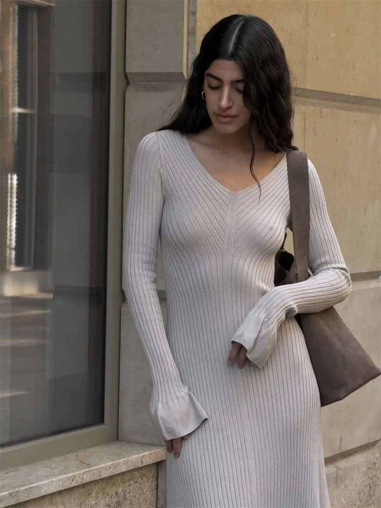 V-Neck Ribbed Knitwear Ruffled Slim Bodycon Maxi Dress