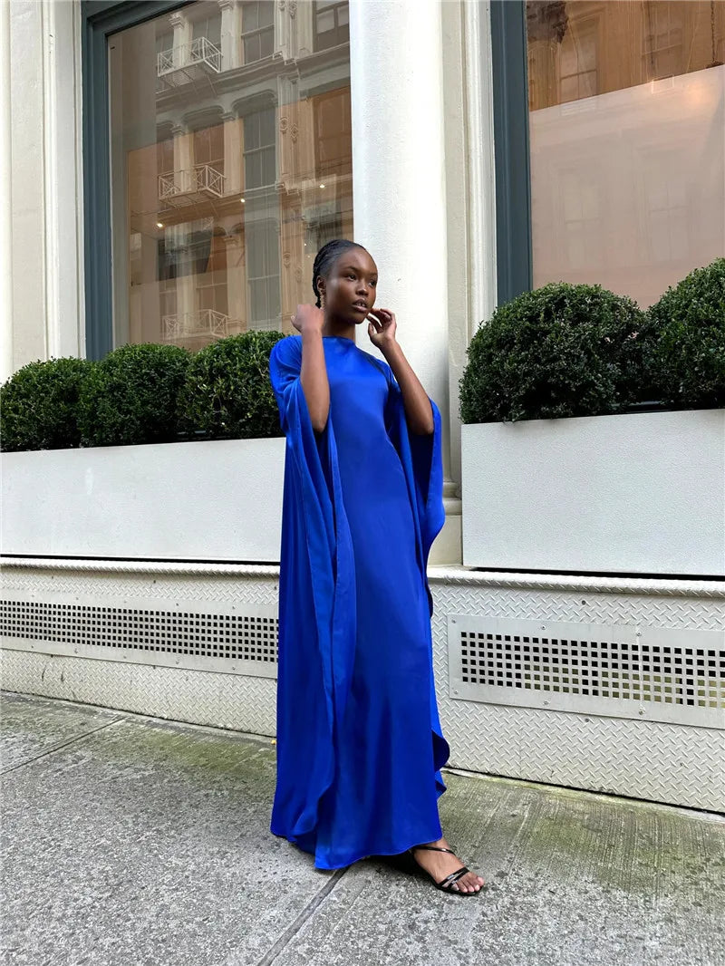 Elegant Satin Long Sleeve Maxi Dress for Women – Slim Round Neck