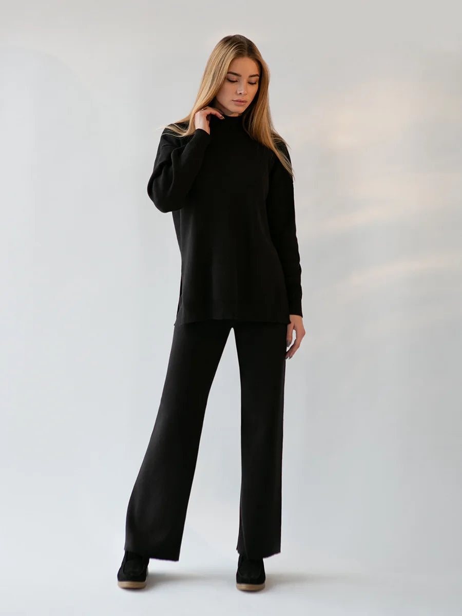 Knitted 2-Piece Suit – Half Turtleneck Sweater & Wide Leg Pants Set