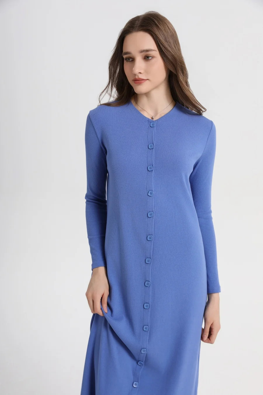 Ribbed V-Neck Button Maxi Dress