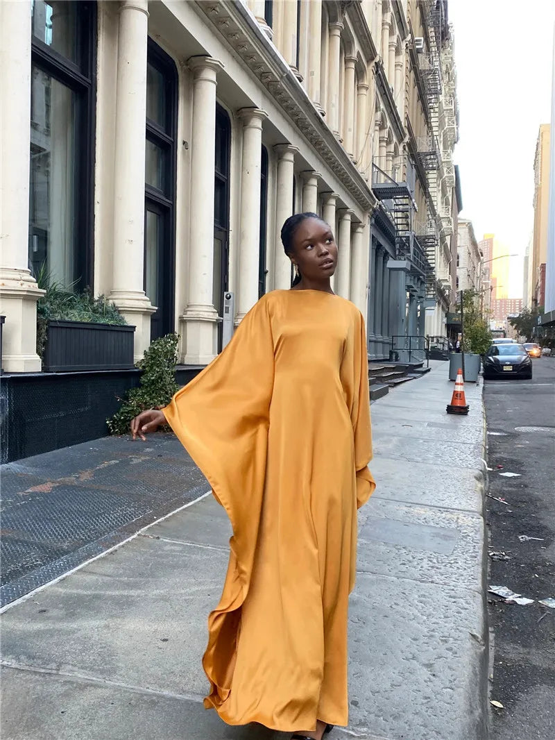 Elegant Satin Long Sleeve Maxi Dress for Women – Slim Round Neck