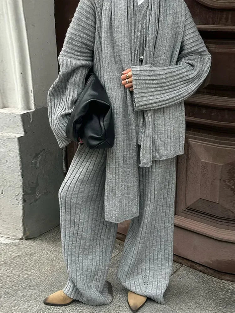 Knitted Pants Suit for Women – Scarf Collar Long Sleeve Sweater and Wide Leg Pants Two-Piece Set