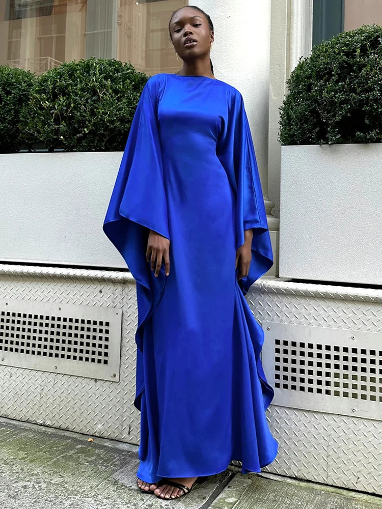 Elegant Satin Long Sleeve Maxi Dress for Women – Slim Round Neck