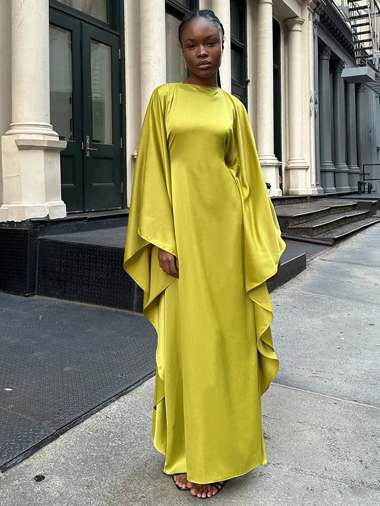 Elegant Satin Long Sleeve Maxi Dress for Women – Slim Round Neck