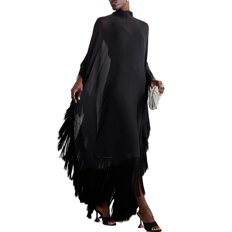 See-Through Tassel Party Dresse Batwing Sleeves Solid Color High-Neck Two Piece Set Dress