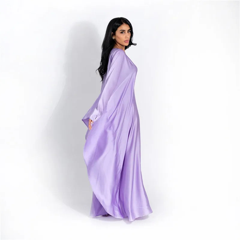 Elegant Satin Long Sleeve Maxi Dress for Women – Slim Round Neck
