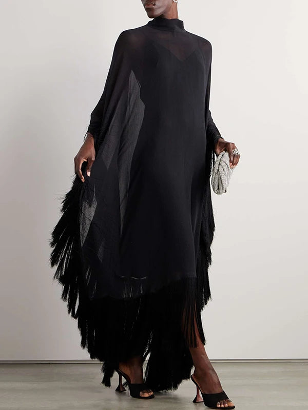 See-Through Tassel Party Dresse Batwing Sleeves Solid Color High-Neck Two Piece Set Dress