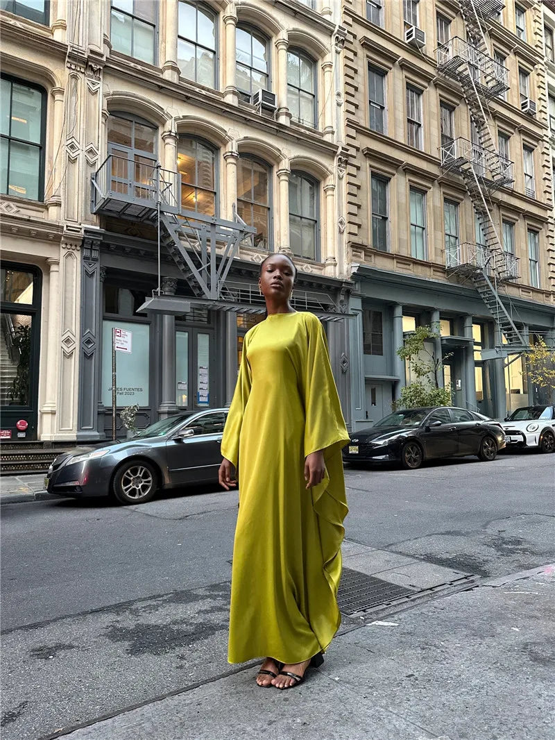 Elegant Satin Long Sleeve Maxi Dress for Women – Slim Round Neck