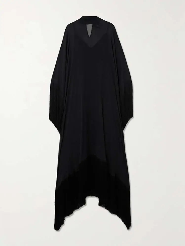 See-Through Tassel Party Dresse Batwing Sleeves Solid Color High-Neck Two Piece Set Dress