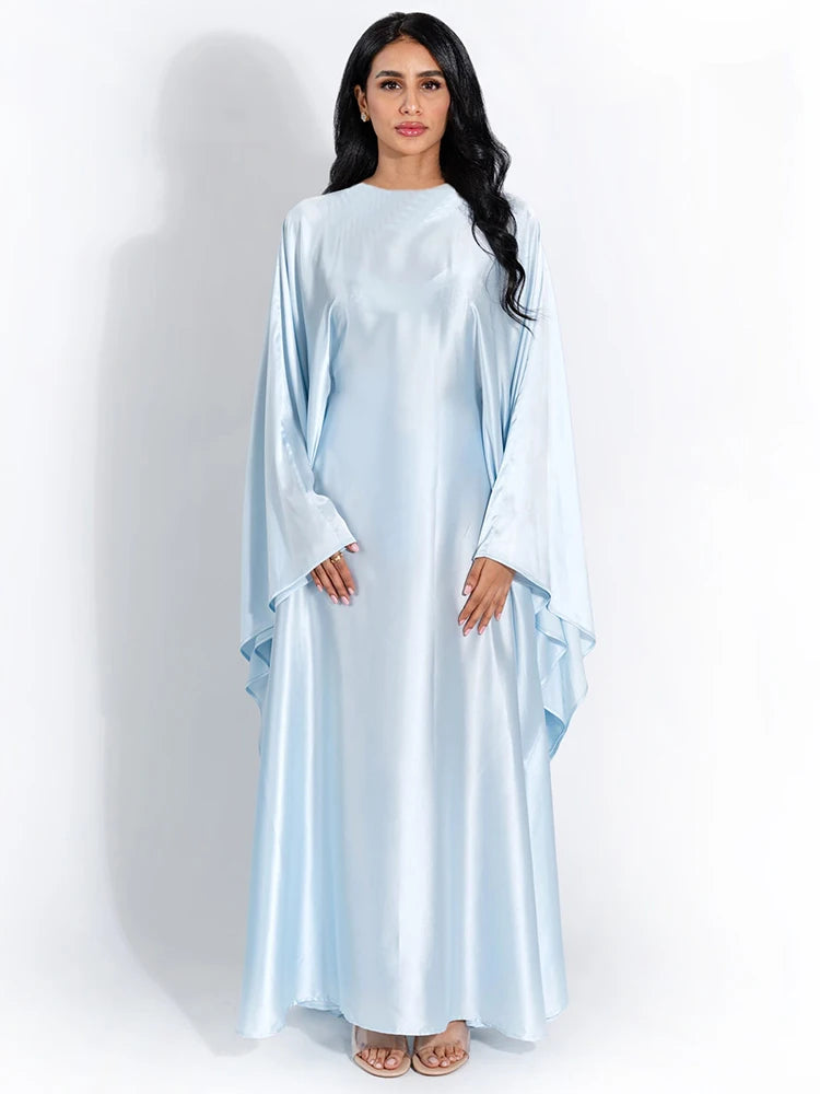 Elegant Satin Long Sleeve Maxi Dress for Women – Slim Round Neck