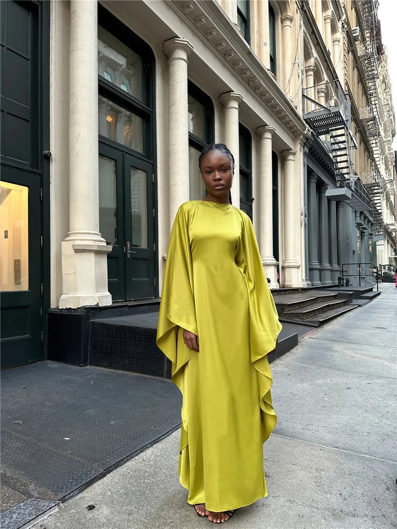 Elegant Satin Long Sleeve Maxi Dress for Women – Slim Round Neck
