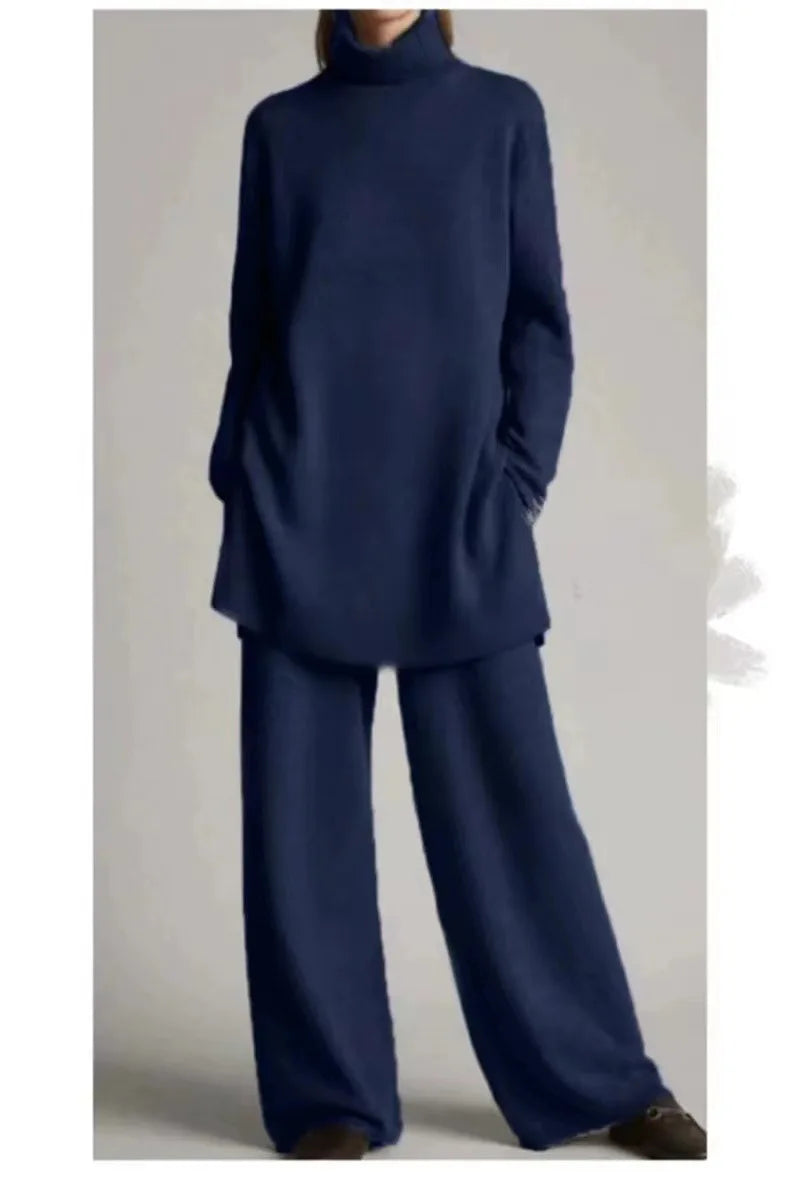 Solid Color Long Pants Set – Loose Turtleneck Pullover & Wide Leg Trousers Two-Piece Set