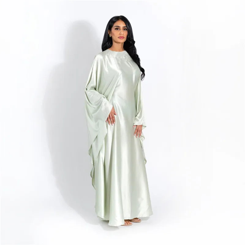Elegant Satin Long Sleeve Maxi Dress for Women – Slim Round Neck