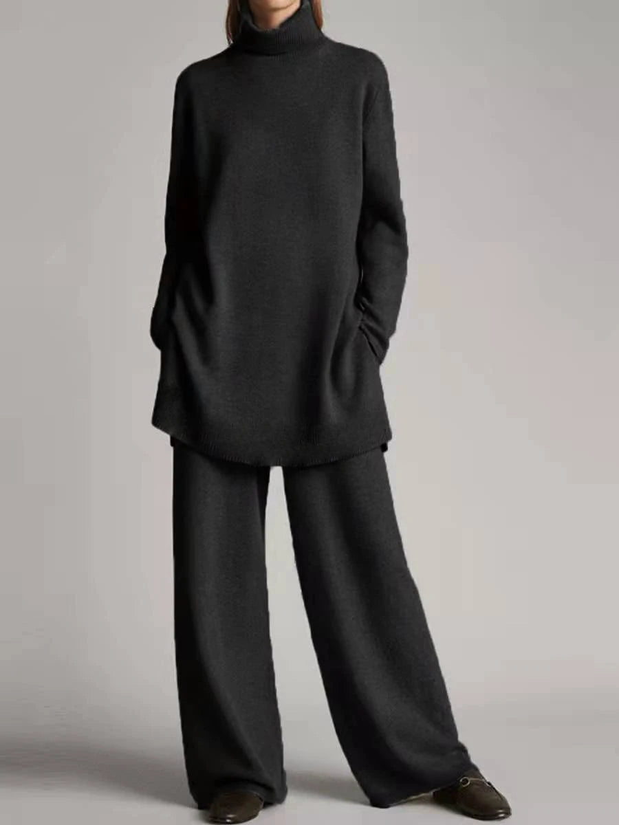 Solid Color Long Pants Set – Loose Turtleneck Pullover & Wide Leg Trousers Two-Piece Set