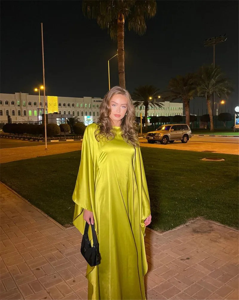 Elegant Satin Long Sleeve Maxi Dress for Women – Slim Round Neck