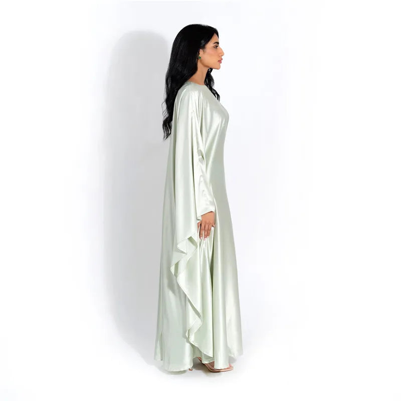 Elegant Satin Long Sleeve Maxi Dress for Women – Slim Round Neck