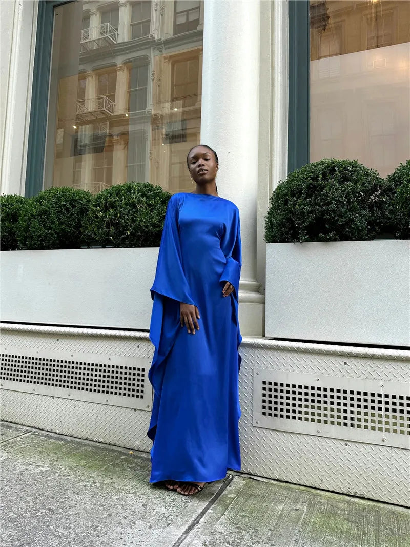 Elegant Satin Long Sleeve Maxi Dress for Women – Slim Round Neck