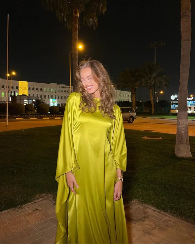 Elegant Satin Long Sleeve Maxi Dress for Women – Slim Round Neck