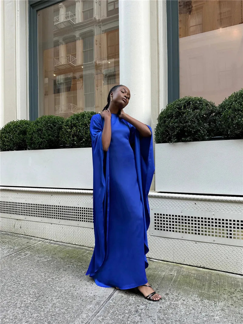 Elegant Satin Long Sleeve Maxi Dress for Women – Slim Round Neck