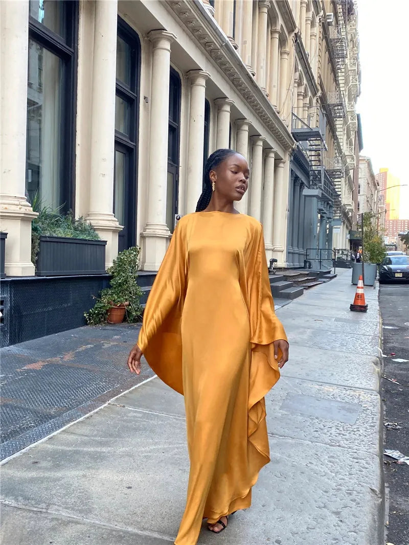 Elegant Satin Long Sleeve Maxi Dress for Women – Slim Round Neck