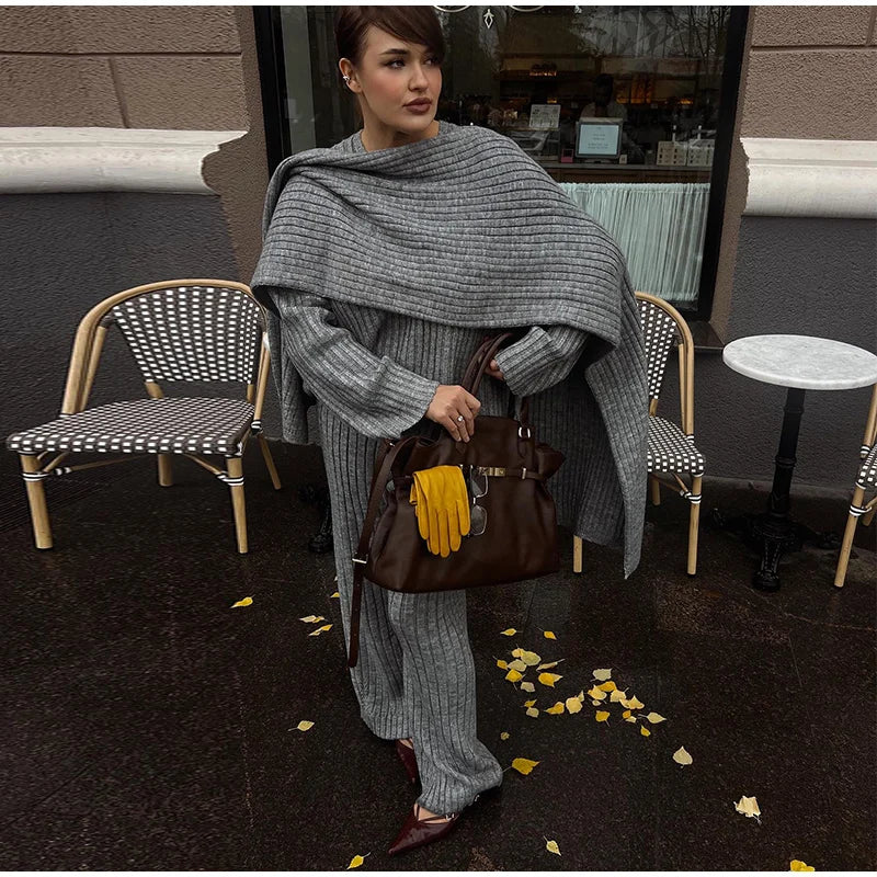 Knitted Pants Suit for Women – Scarf Collar Long Sleeve Sweater and Wide Leg Pants Two-Piece Set
