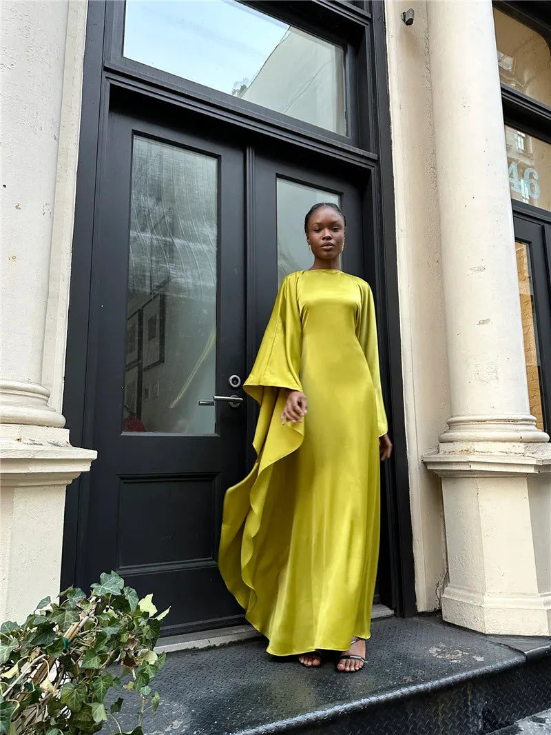 Elegant Satin Long Sleeve Maxi Dress for Women – Slim Round Neck