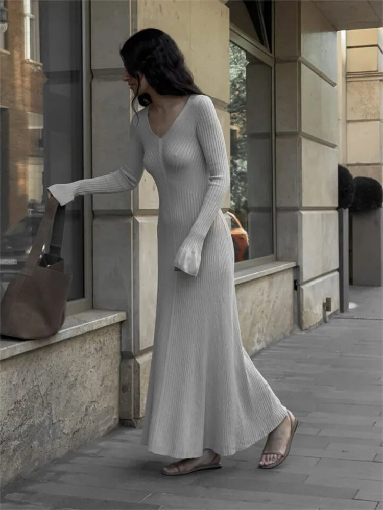 V-Neck Ribbed Knitwear Ruffled Slim Bodycon Maxi Dress