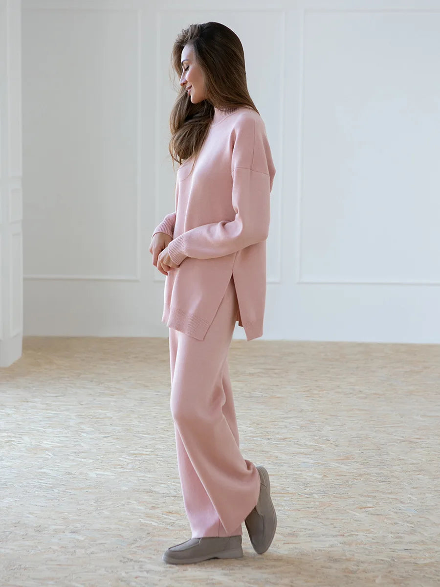 Knitted 2-Piece Suit – Half Turtleneck Sweater & Wide Leg Pants Set