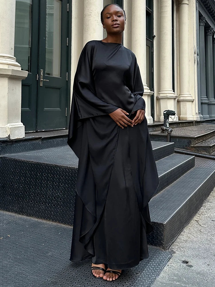 Elegant Satin Long Sleeve Maxi Dress for Women – Slim Round Neck