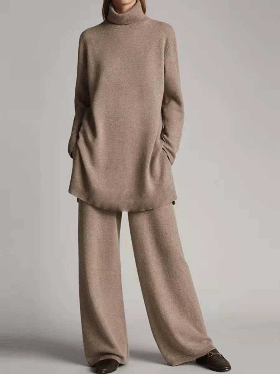 Solid Color Long Pants Set – Loose Turtleneck Pullover & Wide Leg Trousers Two-Piece Set