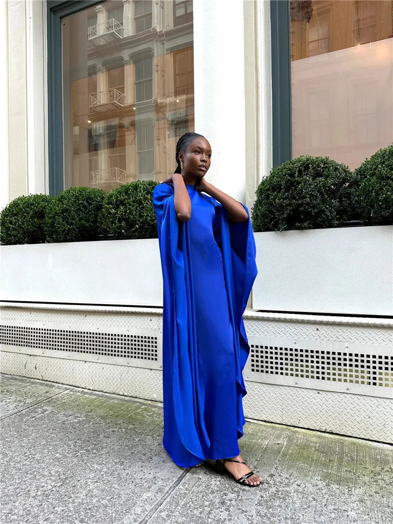 Elegant Satin Long Sleeve Maxi Dress for Women – Slim Round Neck