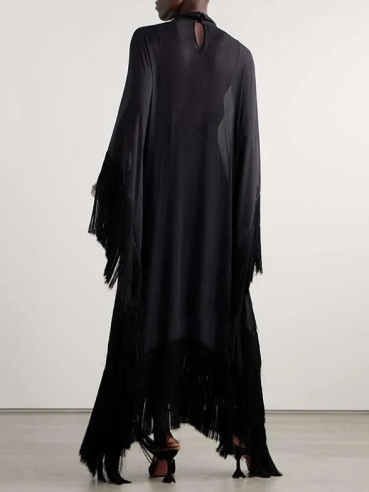 See-Through Tassel Party Dresse Batwing Sleeves Solid Color High-Neck Two Piece Set Dress