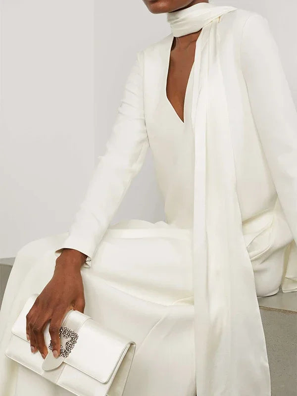 Solid Color Pockets Wrap Long Sleeves V-neck Shawl & Scarf Maxi Dress