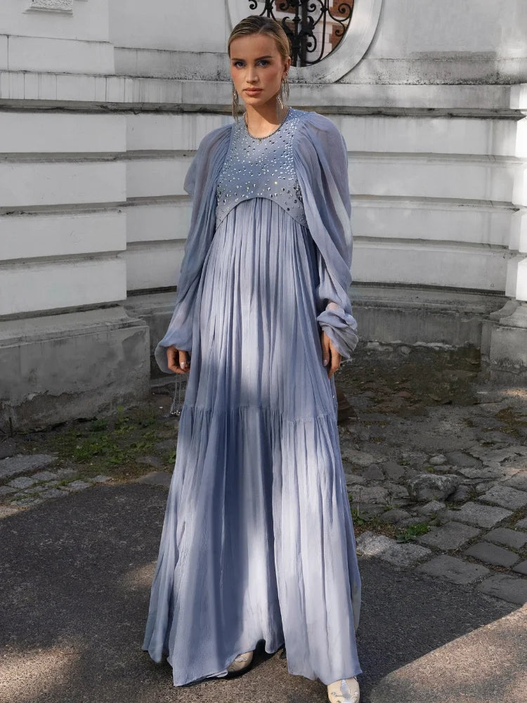 Pleated Puff Sleeve Maxi Dress – V-Neck, A-Line Silhouette