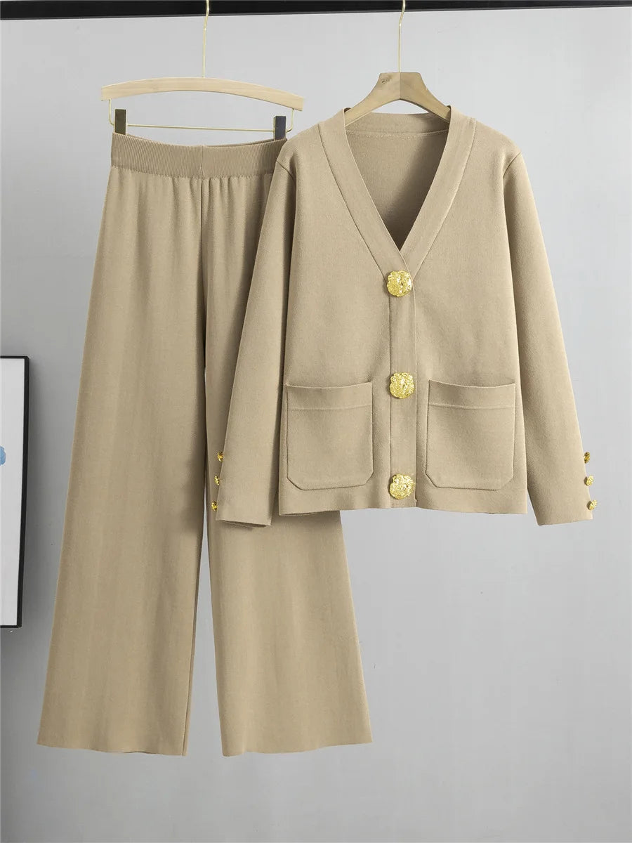 Knitted 2-Piece Set – V-Neck Cardigan Top & High Waist Wide Leg Pants