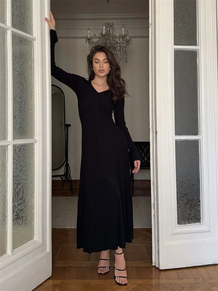V-Neck Ribbed Knitwear Ruffled Slim Bodycon Maxi Dress