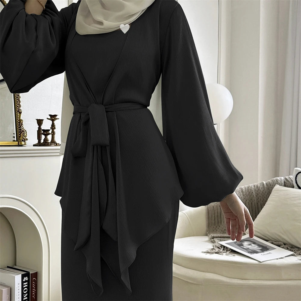 Satin Plain 2-Piece Abaya Set – Elegant Modest Clothing Kaftan Robe