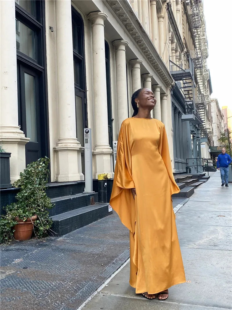 Elegant Satin Long Sleeve Maxi Dress for Women – Slim Round Neck