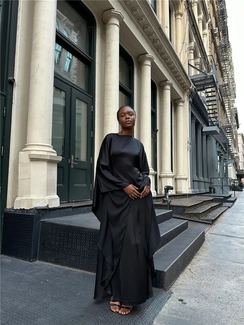 Elegant Satin Long Sleeve Maxi Dress for Women – Slim Round Neck